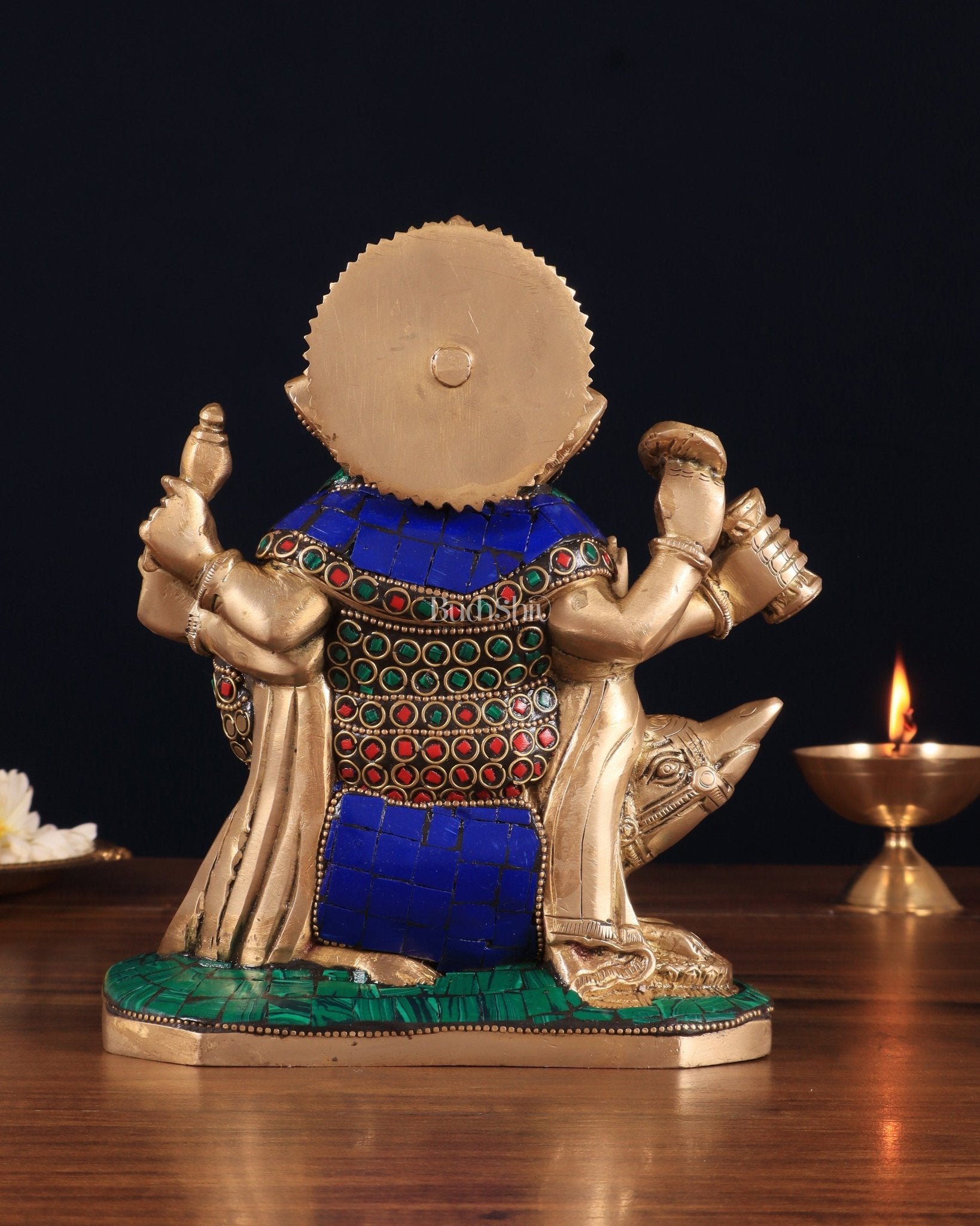 Handcrafted Brass Ganesha on Mooshak with Meenakari Stonework – 8.5" x 6.75" x 3.5" | Divine Elegance - Budhshiv.com