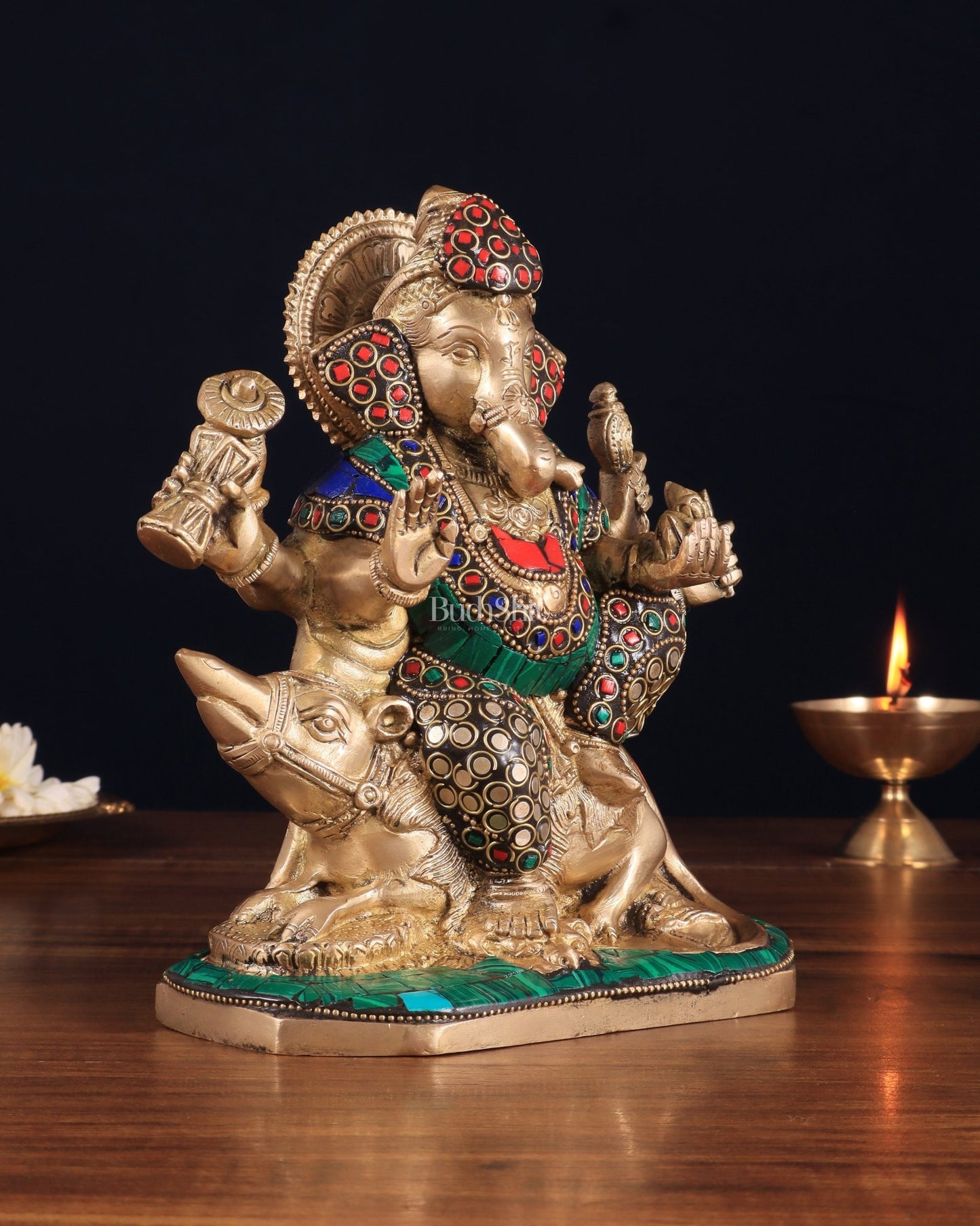 Handcrafted Brass Ganesha on Mooshak with Meenakari Stonework – 8.5" x 6.75" x 3.5" | Divine Elegance - Budhshiv.com