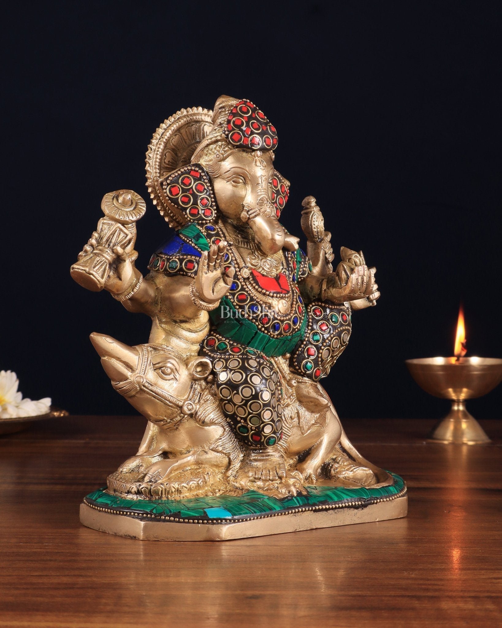Handcrafted Brass Ganesha on Mooshak with Meenakari Stonework – 8.5" x 6.75" x 3.5" | Divine Elegance - Budhshiv.com