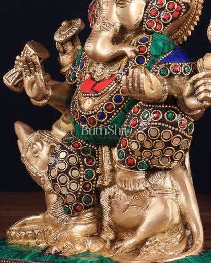 Handcrafted Brass Ganesha on Mooshak with Meenakari Stonework – 8.5" x 6.75" x 3.5" | Divine Elegance - Budhshiv.com