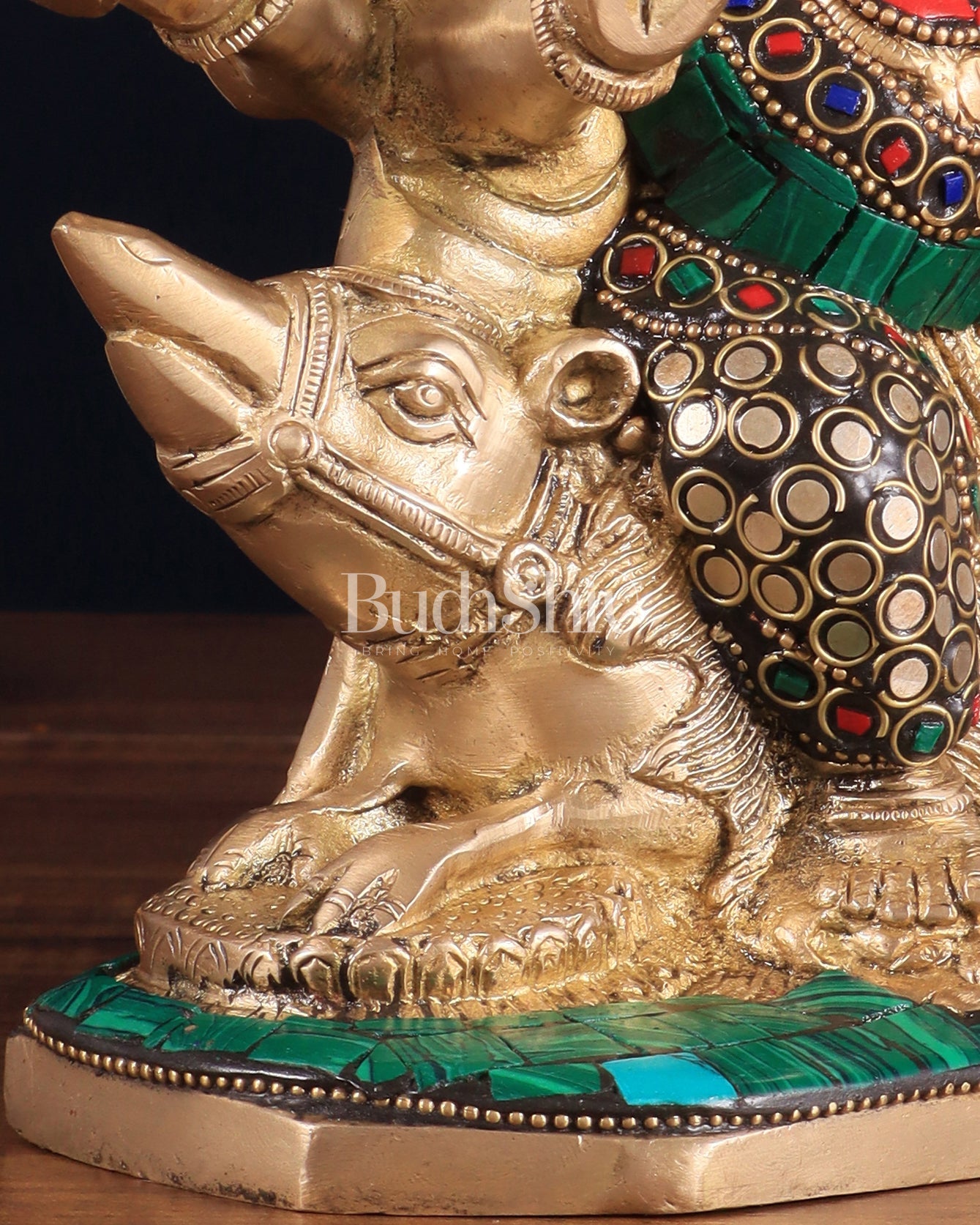 Handcrafted Brass Ganesha on Mooshak with Meenakari Stonework – 8.5" x 6.75" x 3.5" | Divine Elegance - Budhshiv.com