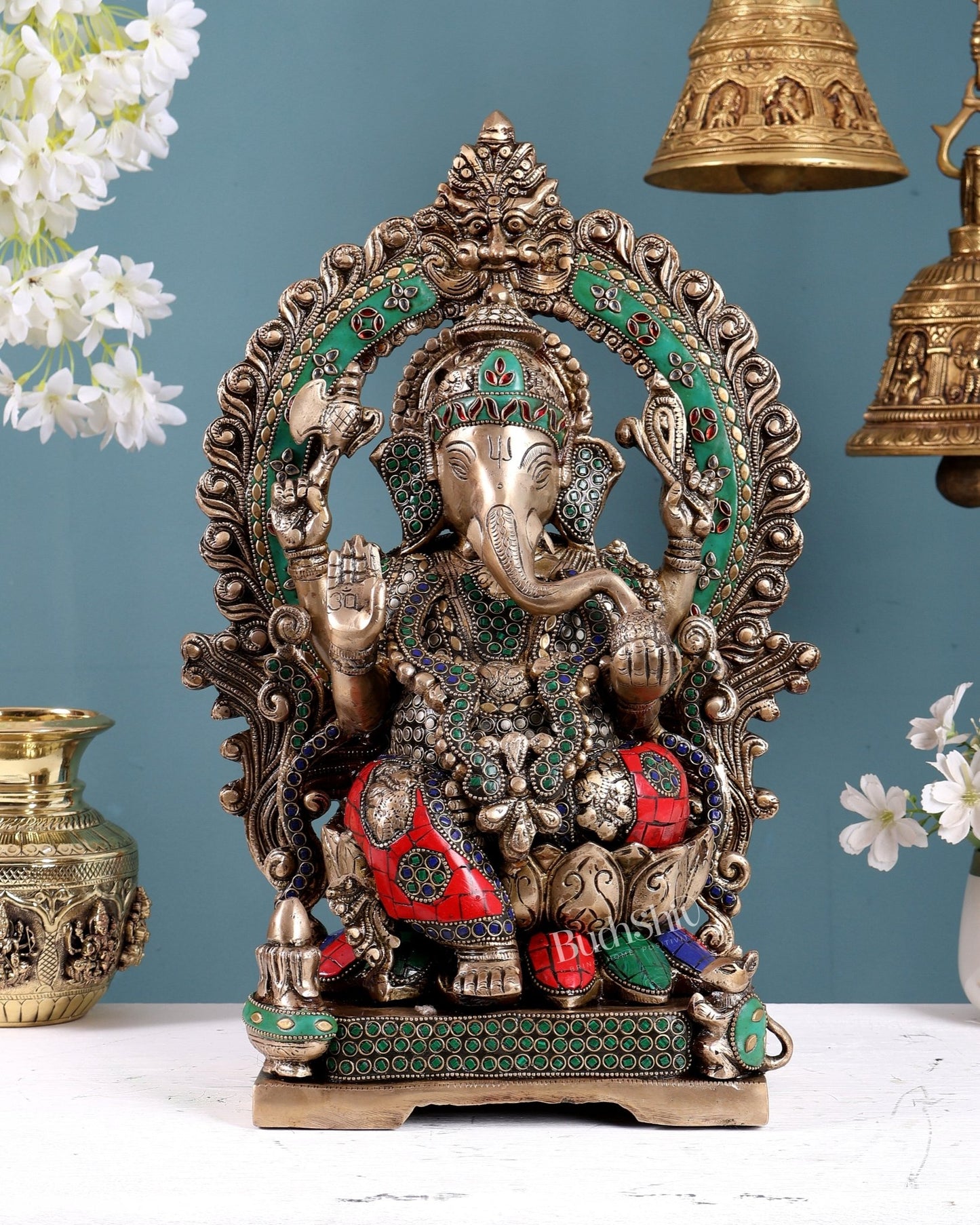 Handcrafted Brass Ganesha Statue antique stonework 18 inch pastel tone - Budhshiv.com