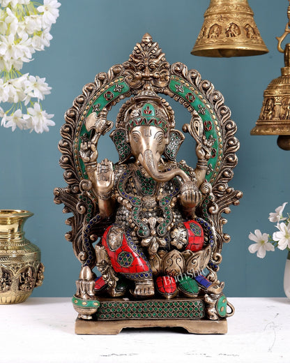 Handcrafted Brass Ganesha Statue antique stonework 18 inch pastel tone - Budhshiv.com