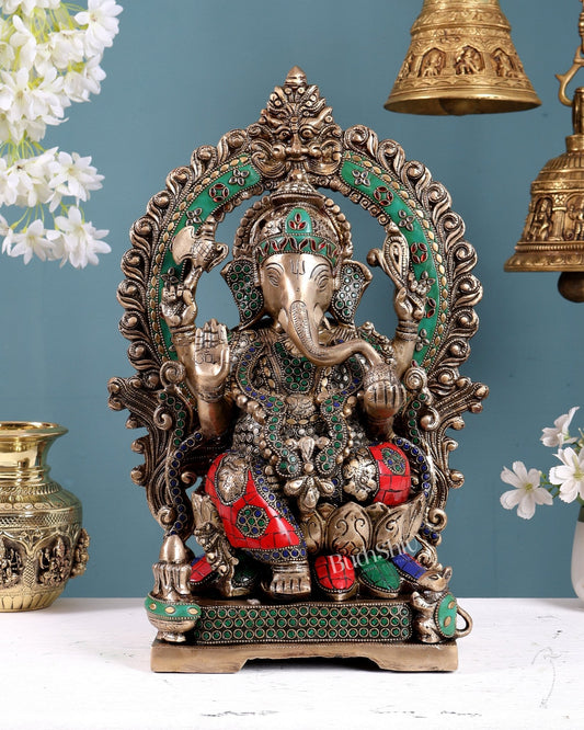 Handcrafted Brass Ganesha Statue antique stonework 18 inch pastel tone - Budhshiv.com