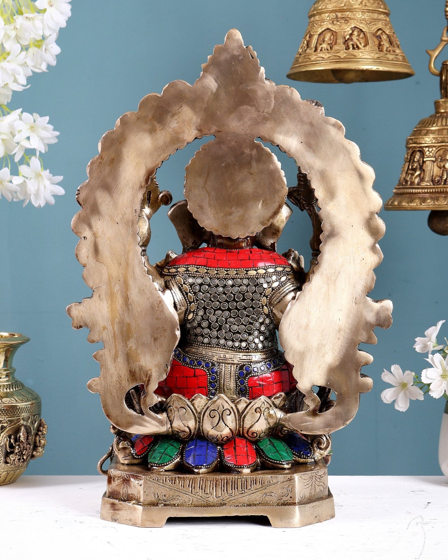 Handcrafted Brass Ganesha Statue antique stonework 18 inch pastel tone - Budhshiv.com