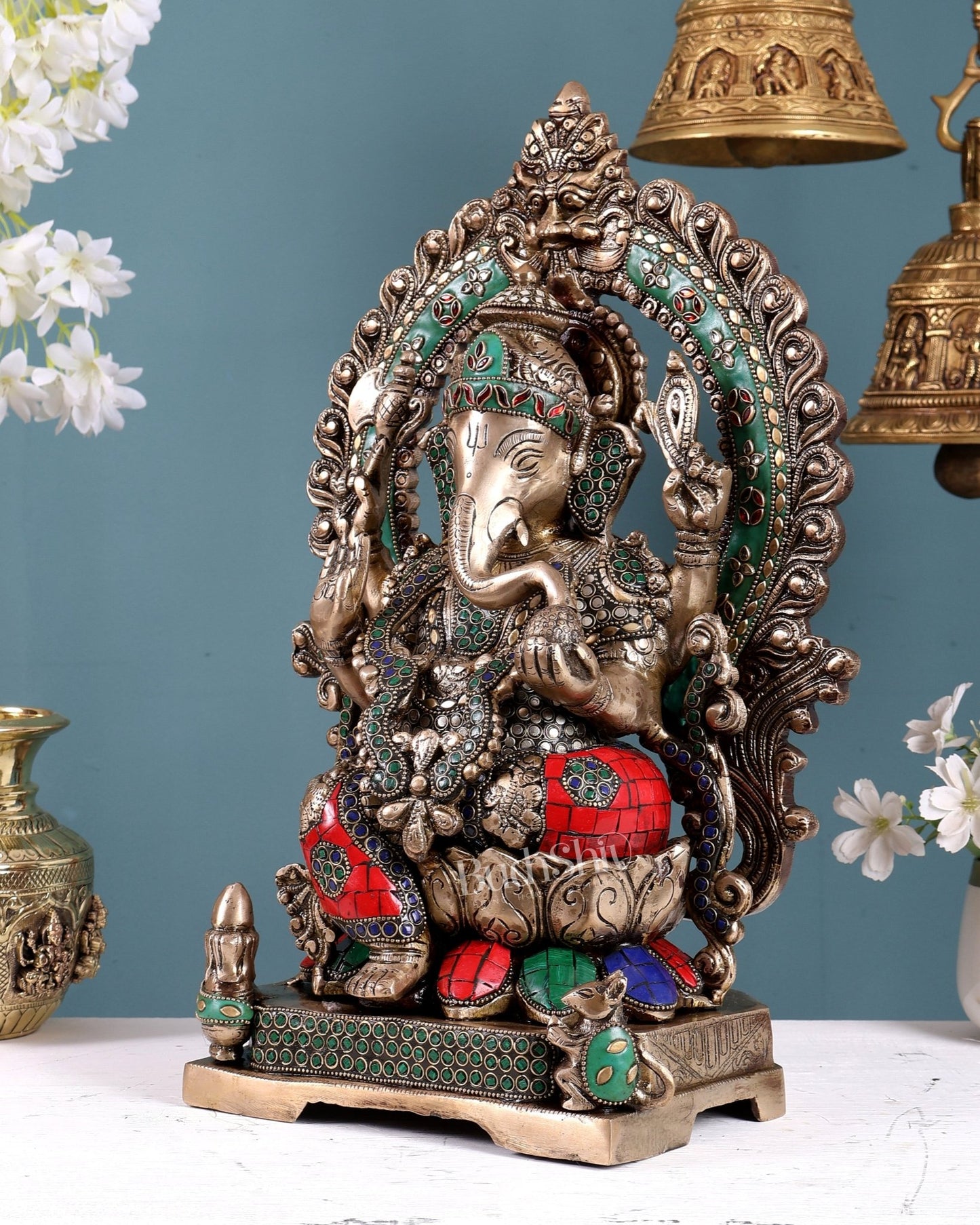 Handcrafted Brass Ganesha Statue antique stonework 18 inch pastel tone - Budhshiv.com