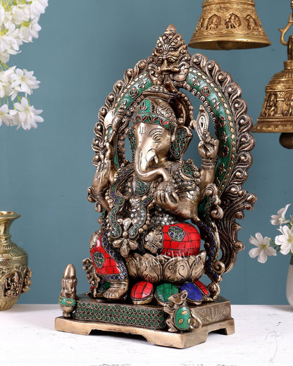 Handcrafted Brass Ganesha Statue antique stonework 18 inch pastel tone - Budhshiv.com