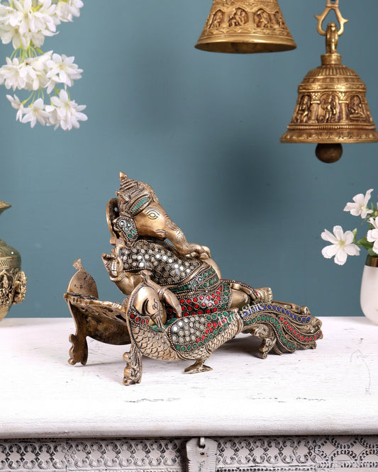 Handcrafted Brass Ganesha Statue on Peacock Throne statue 11.5" wide - Budhshiv.com