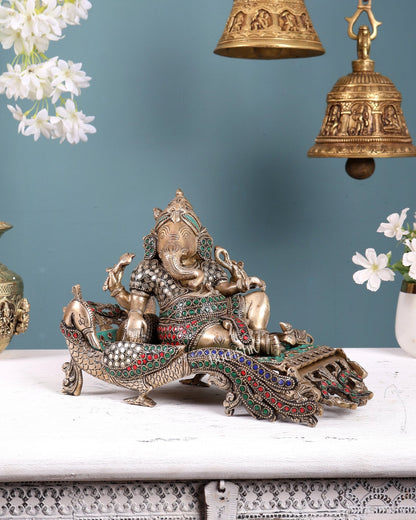 Handcrafted Brass Ganesha Statue on Peacock Throne statue 11.5" wide - Budhshiv.com