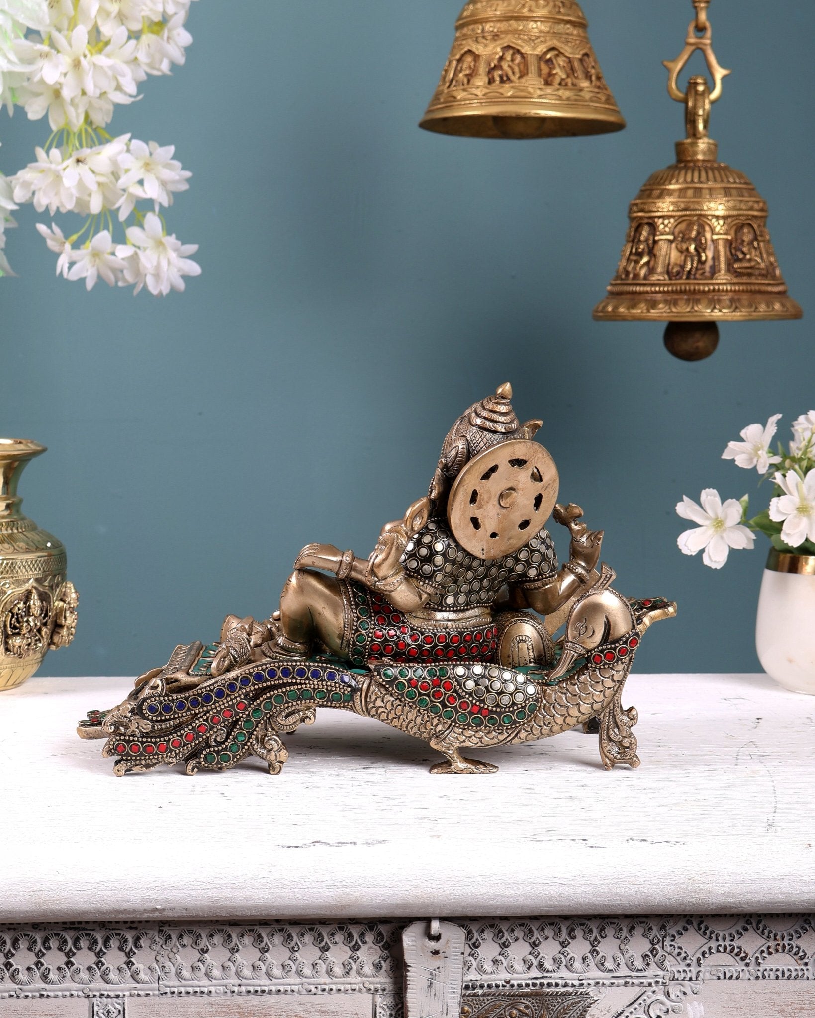 Handcrafted Brass Ganesha Statue on Peacock Throne statue 11.5" wide - Budhshiv.com