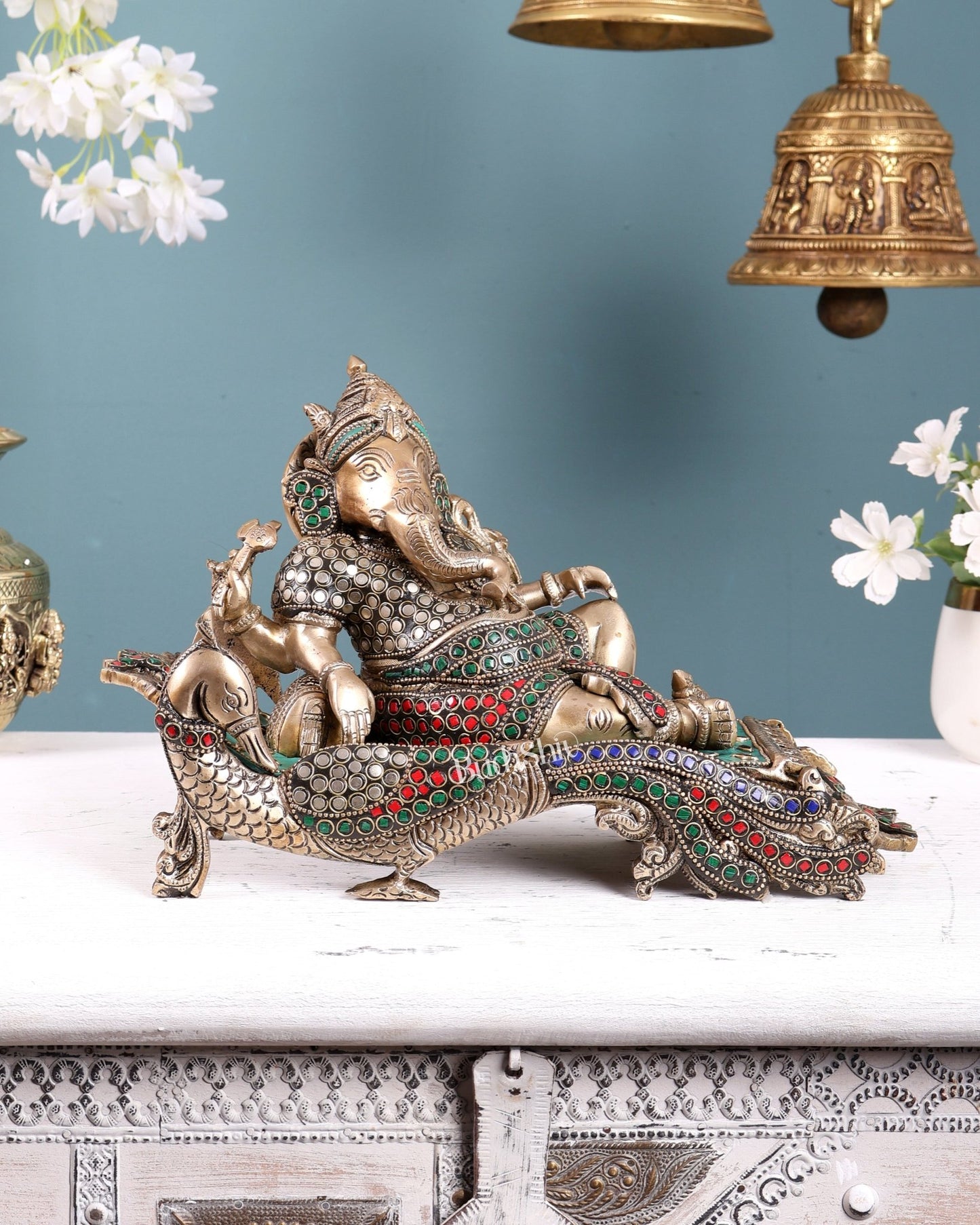 Handcrafted Brass Ganesha Statue on Peacock Throne statue 11.5" wide - Budhshiv.com