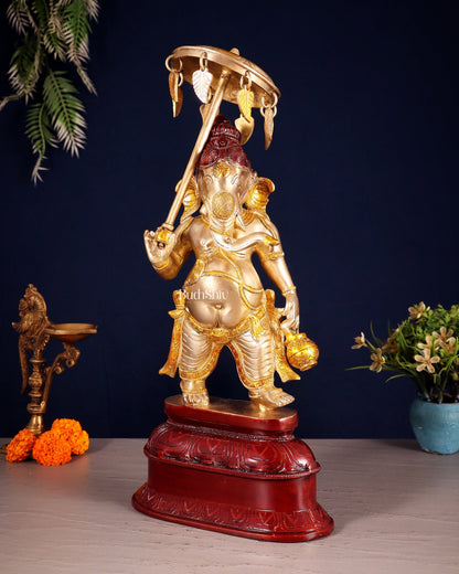 Handcrafted Brass Ganesha Statue with Umbrella and Kamandal - 15" - Budhshiv.com