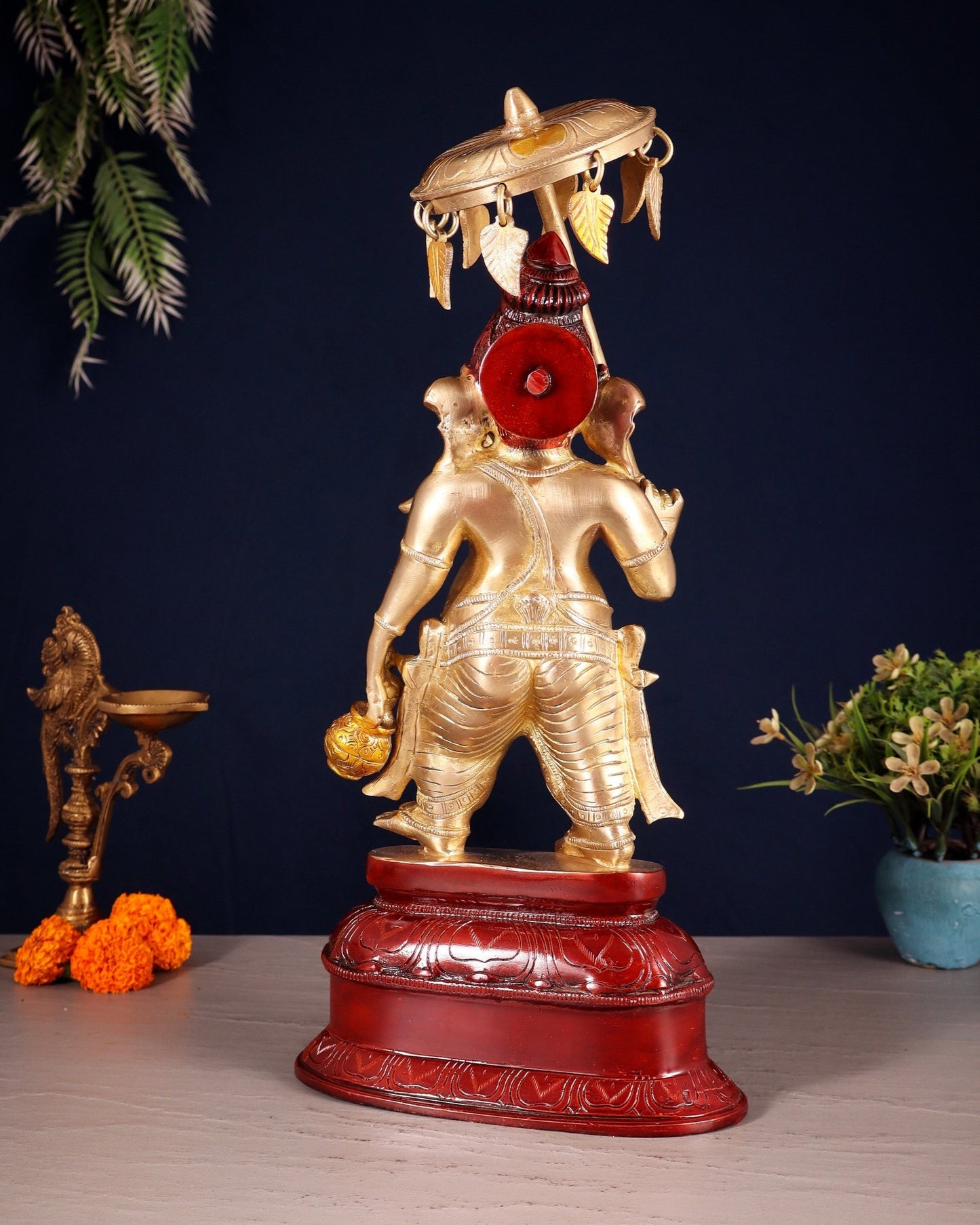 Handcrafted Brass Ganesha Statue with Umbrella and Kamandal - 15" - Budhshiv.com