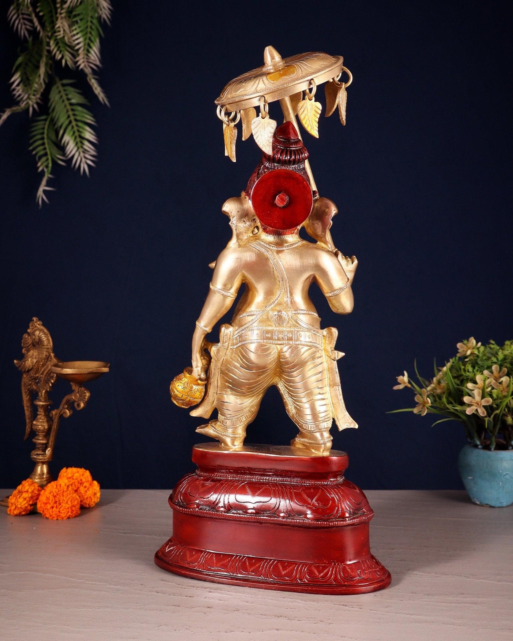 Handcrafted Brass Ganesha Statue with Umbrella and Kamandal - 15" - Budhshiv.com