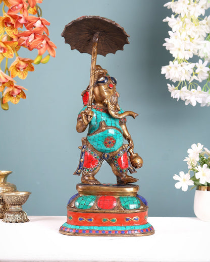 Handcrafted Brass Ganesha Statue with umbrella and kamandal | 15" - Budhshiv.com