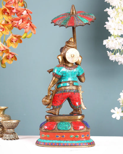 Handcrafted Brass Ganesha Statue with umbrella and kamandal | 15" - Budhshiv.com