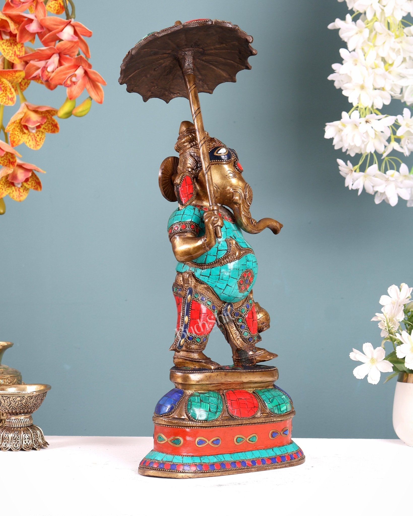 Handcrafted Brass Ganesha Statue with umbrella and kamandal | 15" - Budhshiv.com