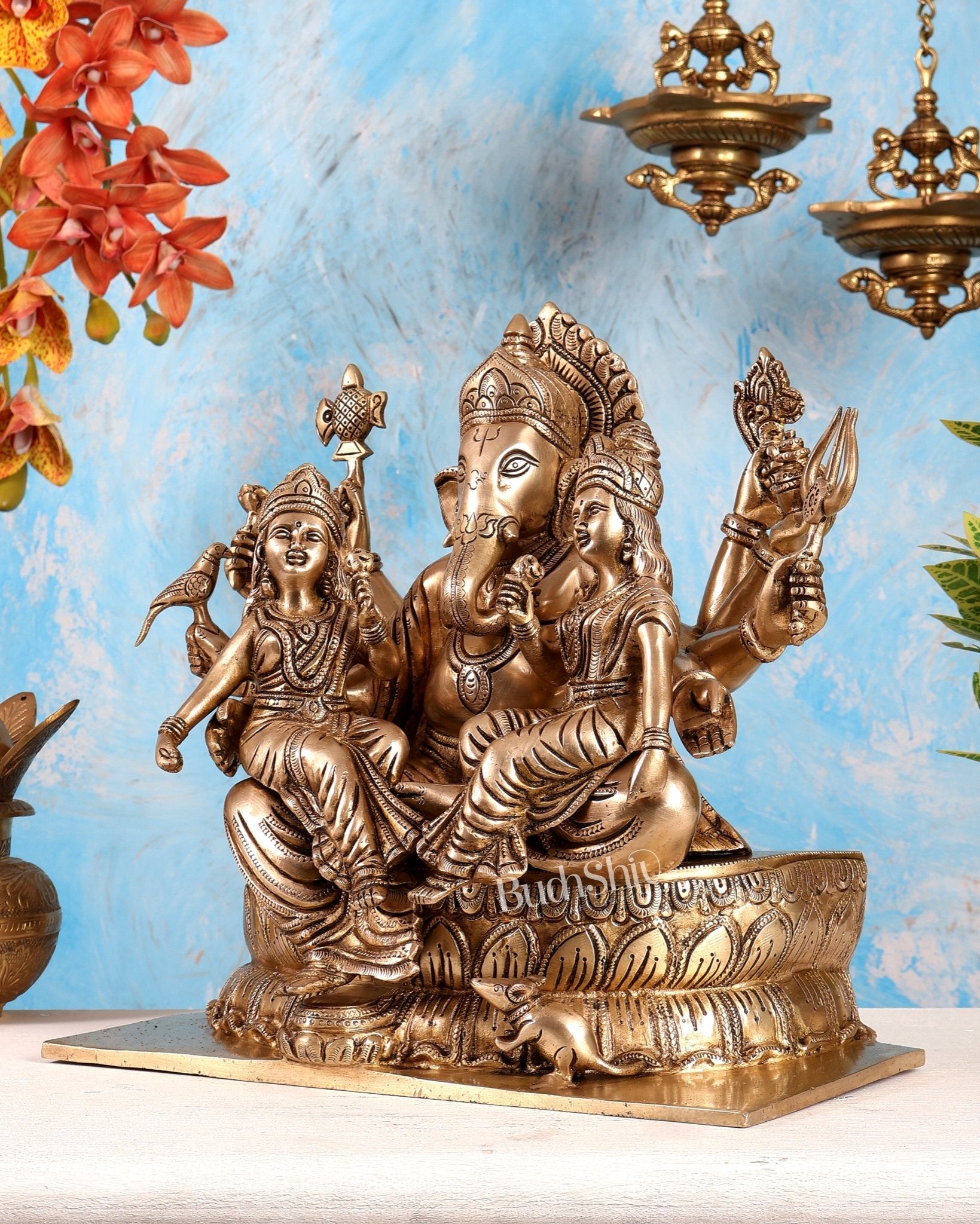 Handcrafted Brass Ganesha with Riddhi and Siddhi – 13.5 Inch - Budhshiv.com