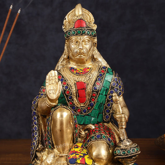 Handcrafted Brass Hanuman Idol - 9" with stonework - Budhshiv.com