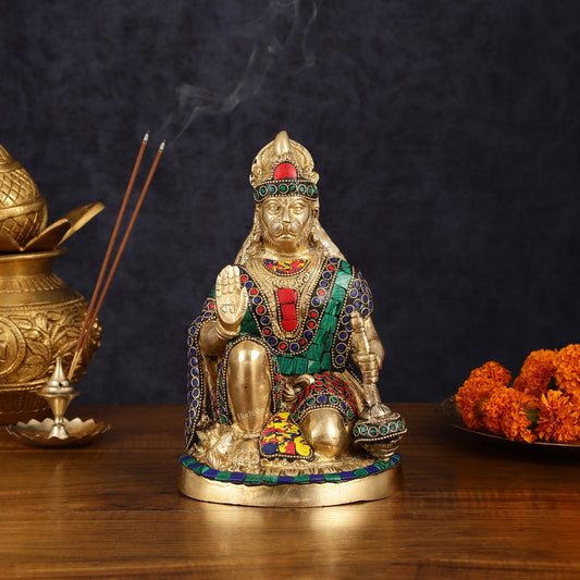 Handcrafted Brass Hanuman Idol - 9" with stonework - Budhshiv.com