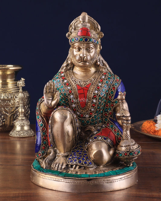 Handcrafted Brass Hanuman Idol - 9" with stonework - Budhshiv.com