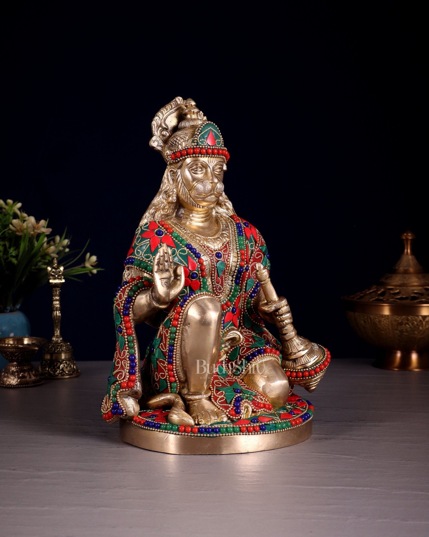 Handcrafted Brass Hanuman Idol - 9" with stonework - Budhshiv.com