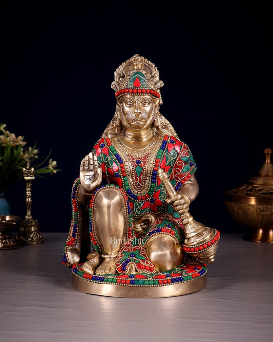 Handcrafted Brass Hanuman Idol - 9" with stonework - Budhshiv.com