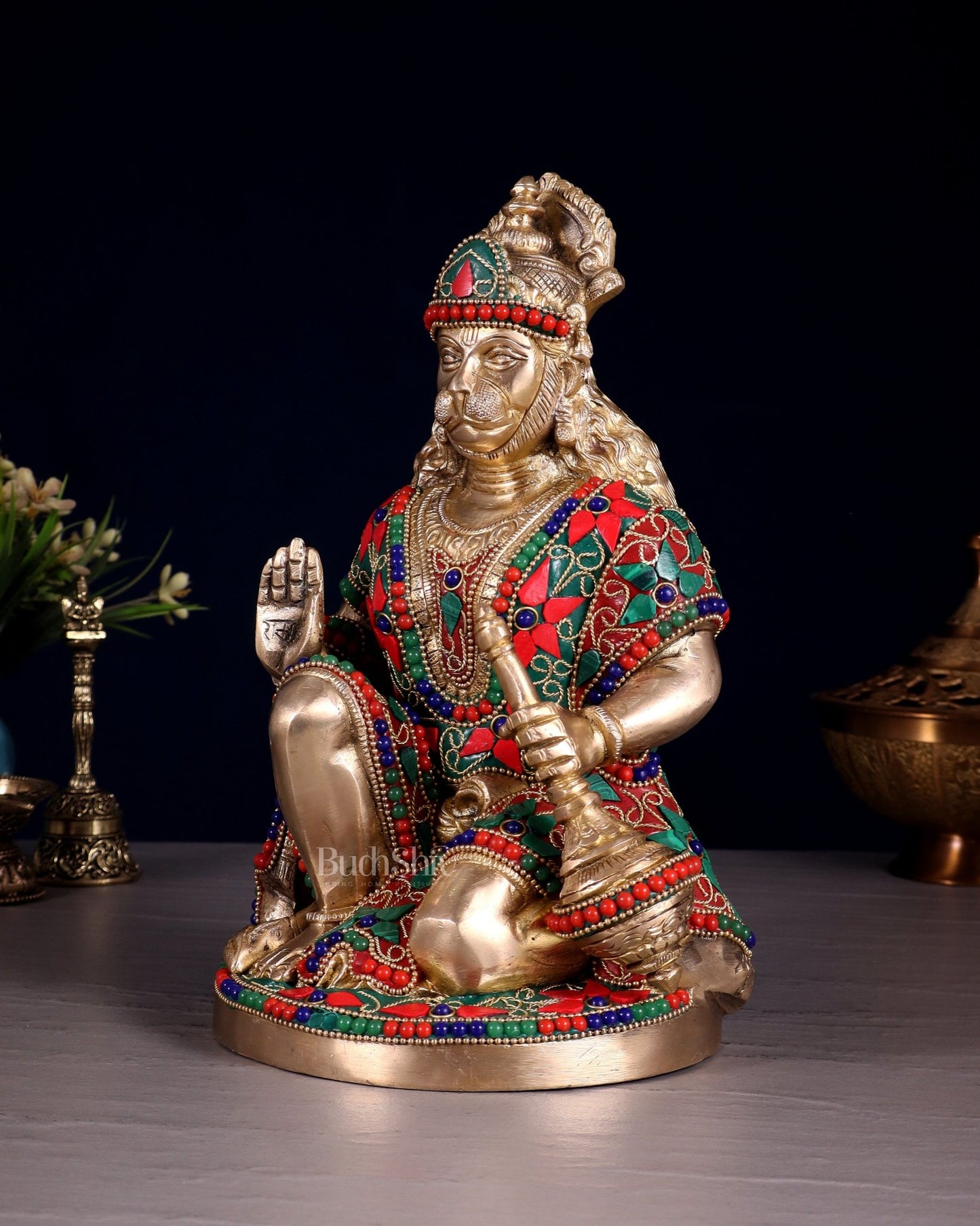 Handcrafted Brass Hanuman Idol - 9" with stonework - Budhshiv.com