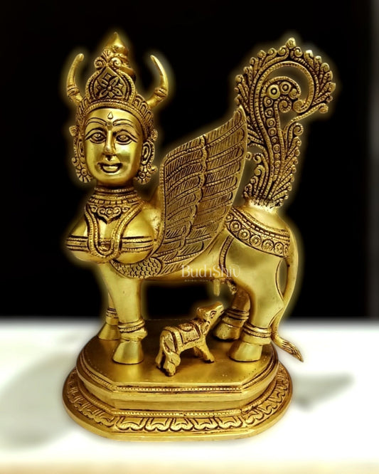 Handcrafted Brass Kamadhenu Cow with Calf Statue 10" - Budhshiv.com