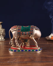 Handcrafted Brass Kamdhenu Cow with Calf Statue 9" - Budhshiv.com