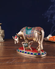 Handcrafted Brass Kamdhenu Cow with Calf Statue 9" - Budhshiv.com