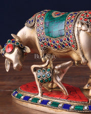 Handcrafted Brass Kamdhenu Cow with Calf Statue 9" - Budhshiv.com