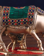 Handcrafted Brass Kamdhenu Cow with Calf Statue 9" - Budhshiv.com