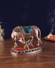 Handcrafted Brass Kamdhenu Cow with Calf Statue 9" - Budhshiv.com