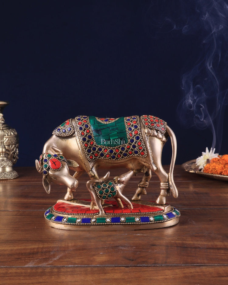 Handcrafted Brass Kamdhenu Cow with Calf Statue 9" - Budhshiv.com