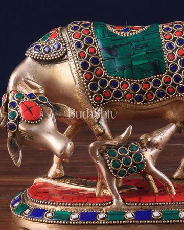 Handcrafted Brass Kamdhenu Cow with Calf Statue 9" - Budhshiv.com