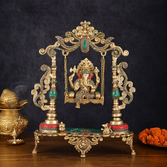 Handcrafted Brass Kirtimukha Ganesha on Swing with Stonework, 20" Height - Budhshiv.com