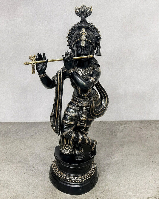 Handcrafted Brass Krishna Statue - Black and Gold Finish, 36" Height - Budhshiv.com
