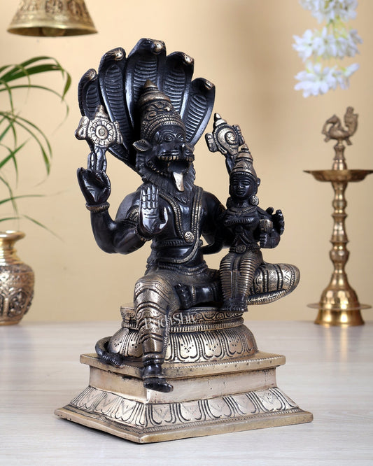 Handcrafted Brass Lakshmi Narasimha Swamy 12.5" black tone - Budhshiv.com