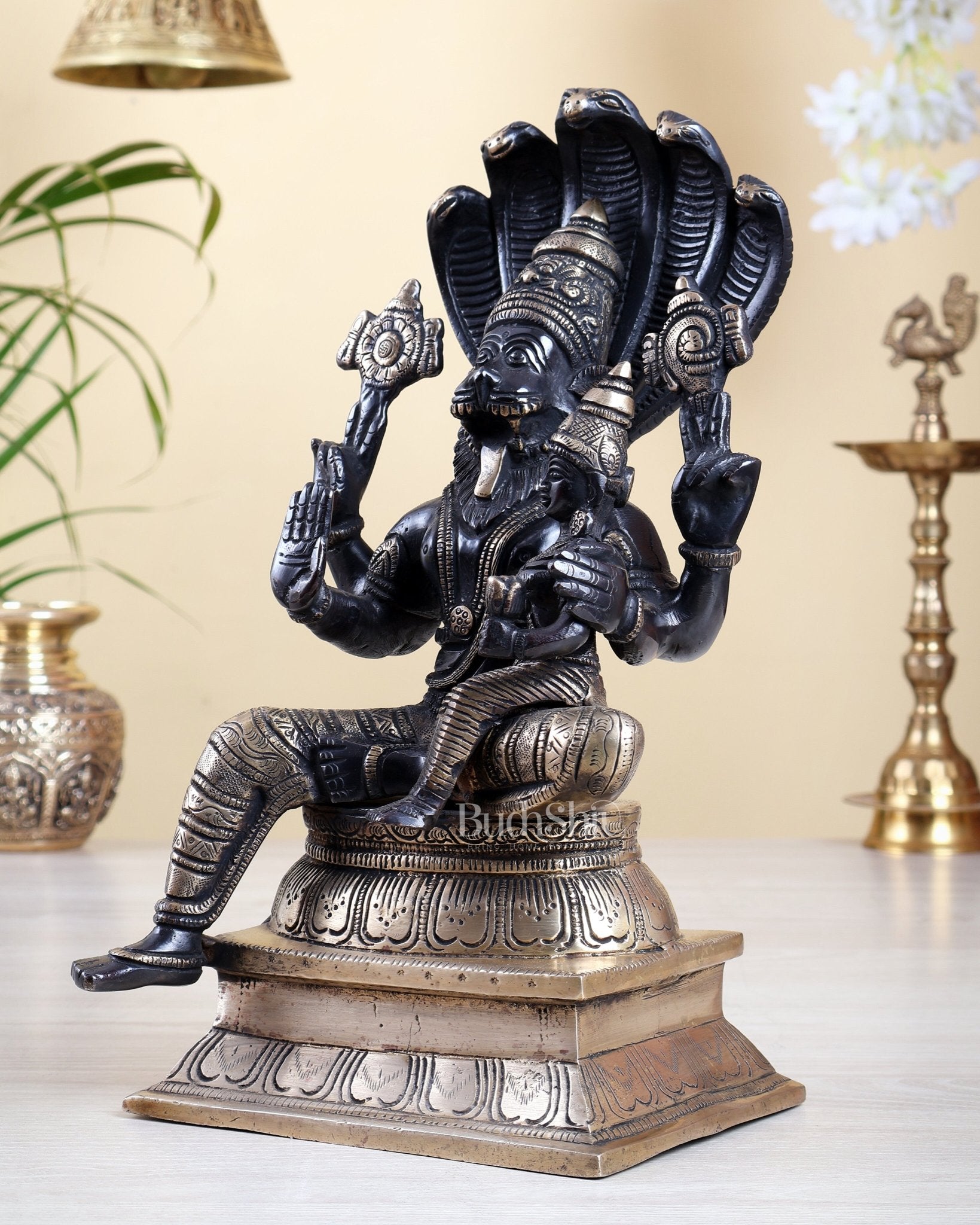Handcrafted Brass Lakshmi Narasimha Swamy 12.5" black tone - Budhshiv.com