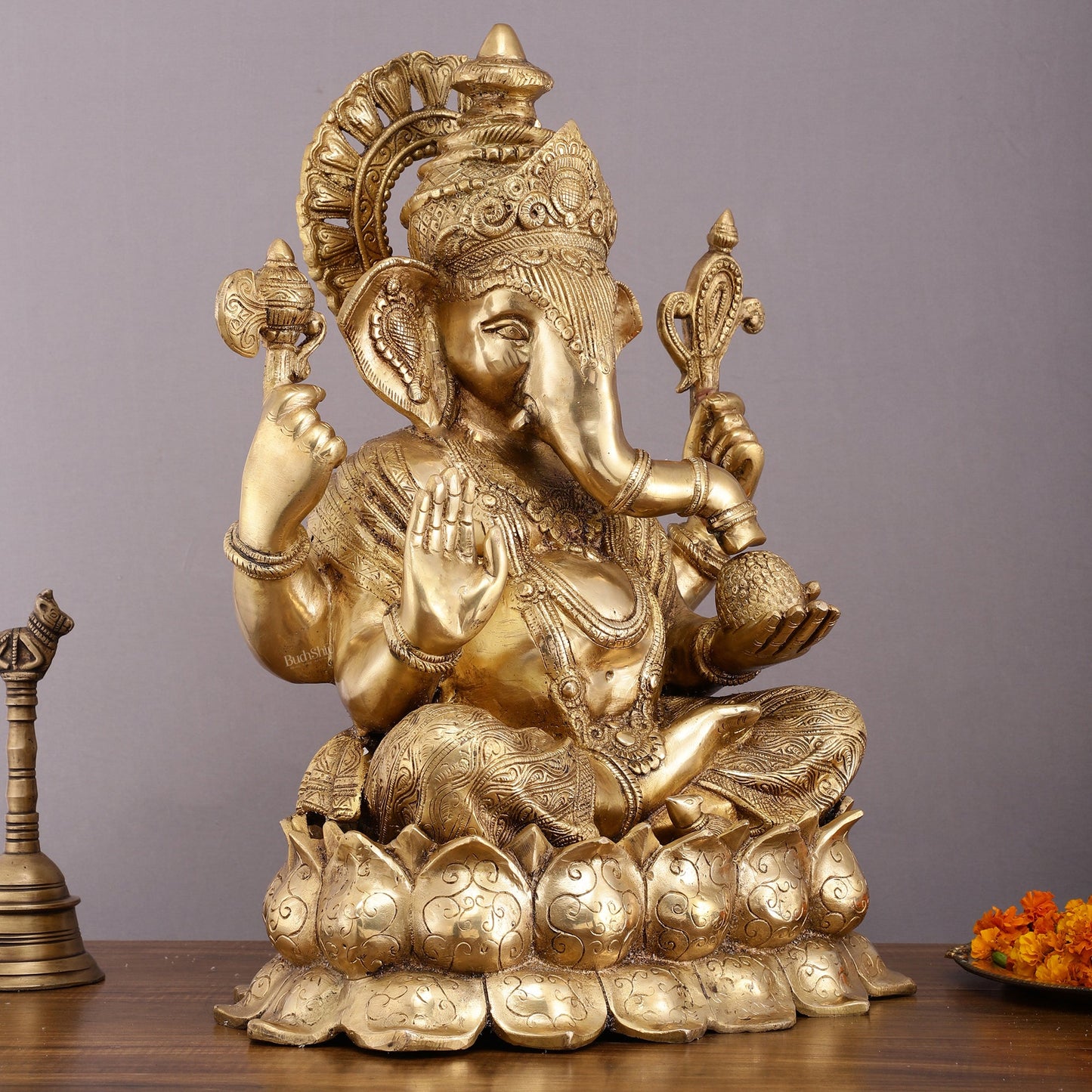 Handcrafted Brass Large Mangalkari Ganapati on Lotus Throne - 22" Statue - Budhshiv.com