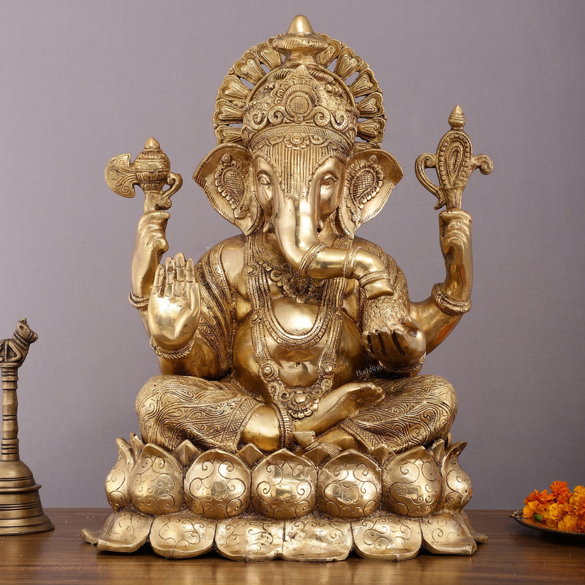 Handcrafted Brass Large Mangalkari Ganapati on Lotus Throne - 22" Statue - Budhshiv.com