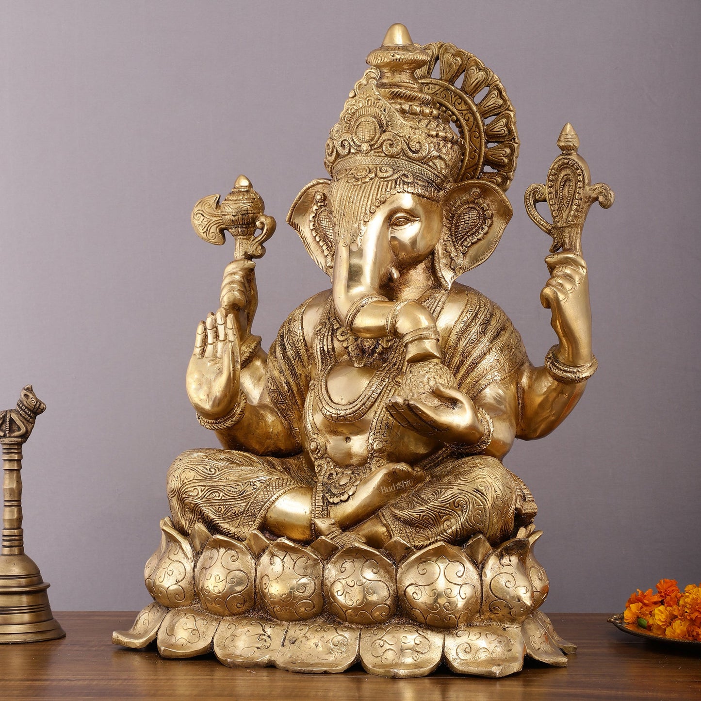 Handcrafted Brass Large Mangalkari Ganapati on Lotus Throne - 22" Statue - Budhshiv.com