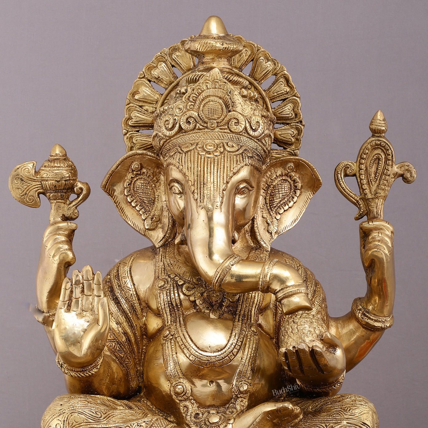 Handcrafted Brass Large Mangalkari Ganapati on Lotus Throne - 22" Statue - Budhshiv.com