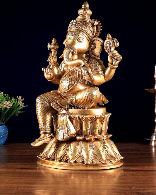 Handcrafted Brass Lord Ganesha Statue - 15" enhanced carvings - Budhshiv.com