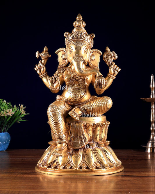 Handcrafted Brass Lord Ganesha Statue - 15" enhanced carvings - Budhshiv.com