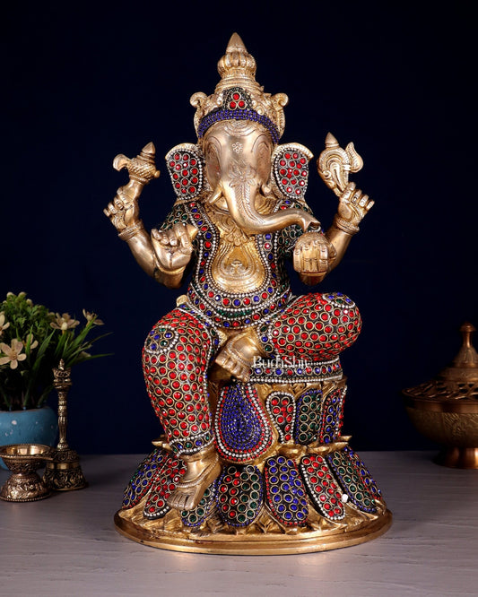 Handcrafted Brass Lord Ganesha Statue - 15" with jewellers meenakari - Budhshiv.com