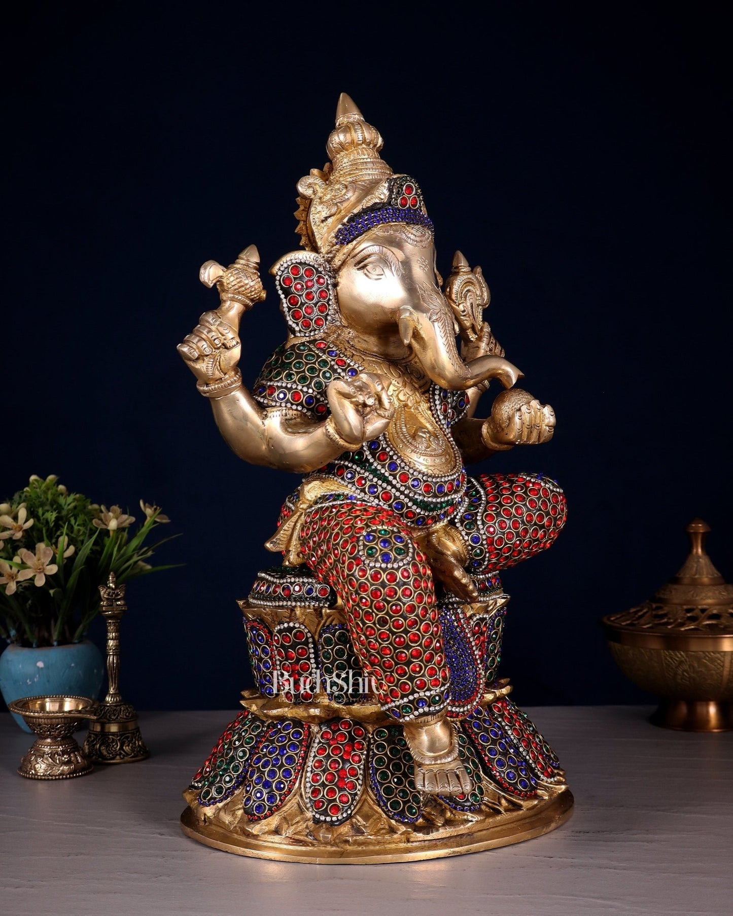 Handcrafted Brass Lord Ganesha Statue - 15" with jewellers meenakari - Budhshiv.com