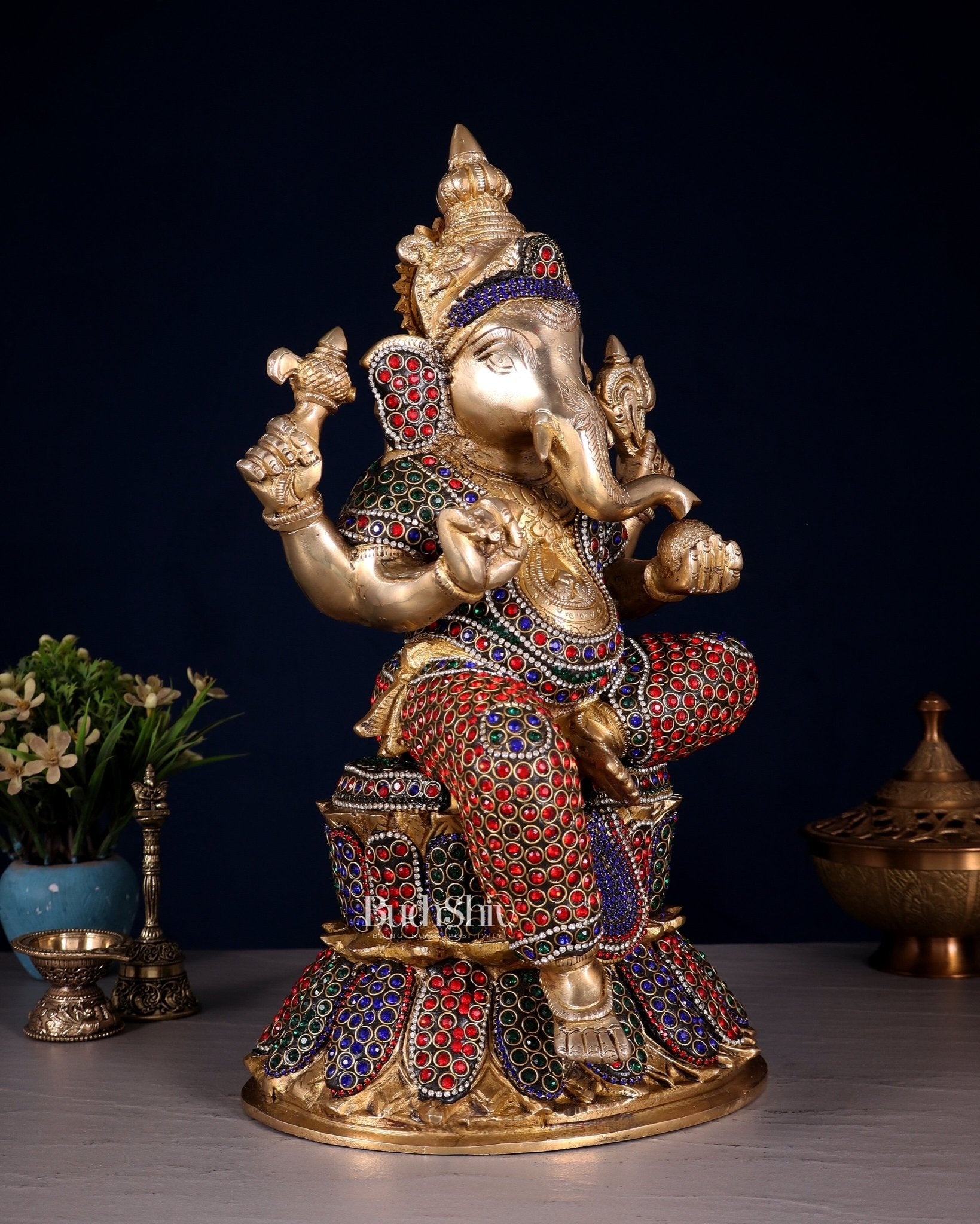 Handcrafted Brass Lord Ganesha Statue - 15" with jewellers meenakari - Budhshiv.com