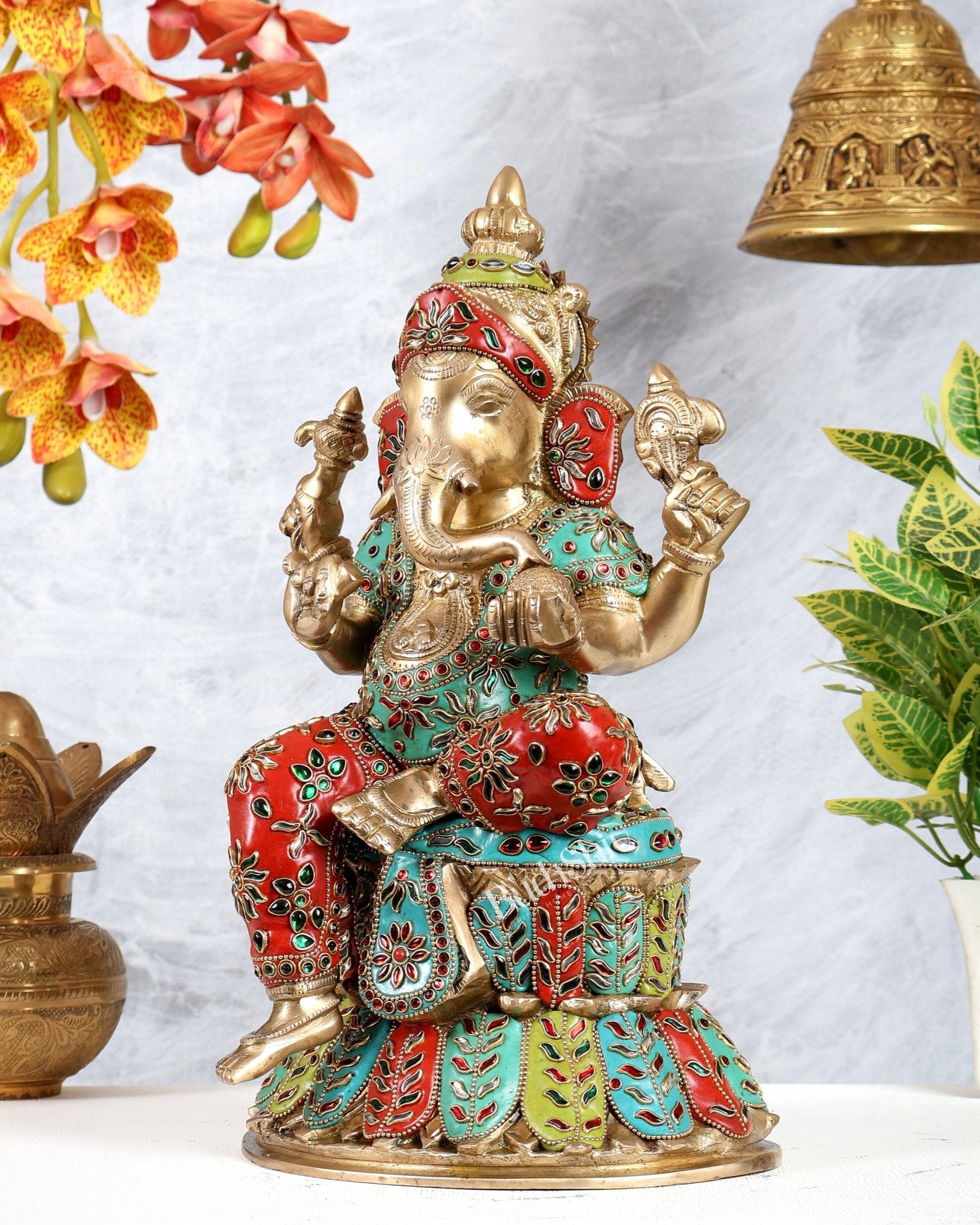 Handcrafted Brass Lord Ganesha Statue - 15" with meenakari - Budhshiv.com